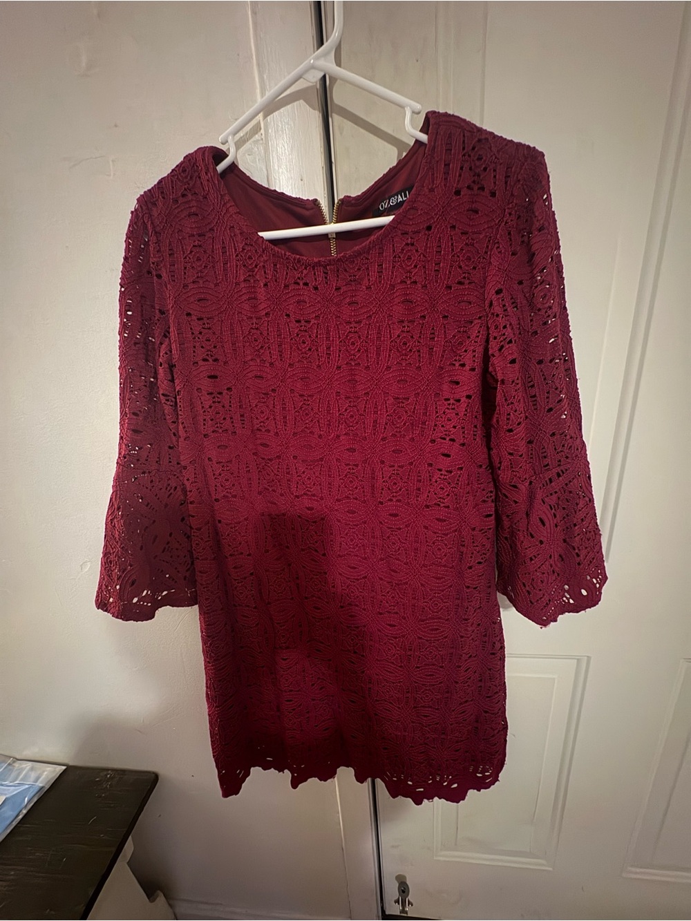 Roz & Ali Burgundy Lace Long-Sleeve Shift Dress